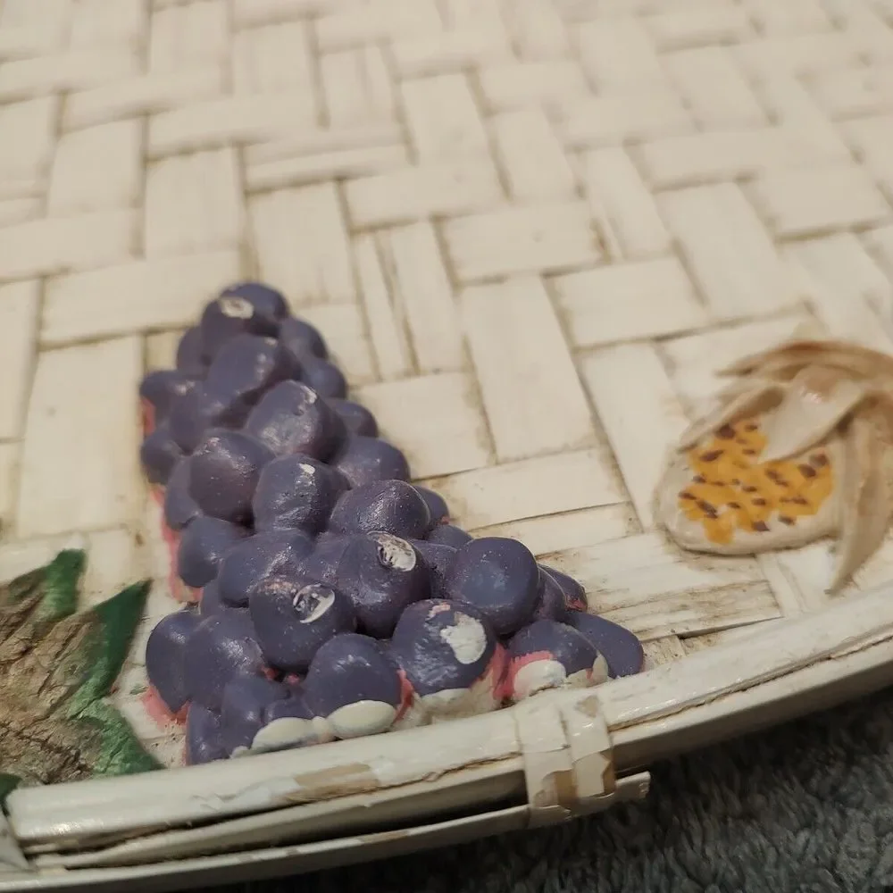 Vtg Woven Basket Platter Fall Fruit Pumpkins Clay Hand Painted Multi Use 14